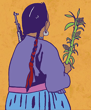 illustration of indigenous woman holding corn and gun